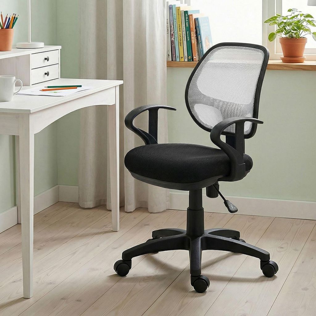 Kinderdrehstuhl COOL, Schwarz/Weiß - Kinderzimmer Schreibtischstuhl höhenverstellbar mit Armlehnen und Wippmechanik inkl. atmungsaktivem Netzbezu...