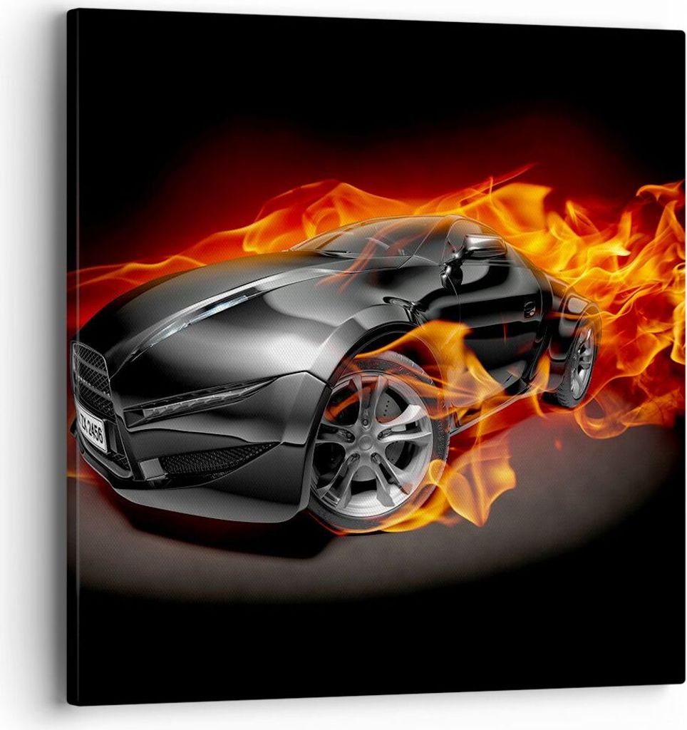Bild auf Leinwand - Leinwandbild - Sportwagen Feuer Flammen Rauch - 40x40cm - Wand Bild - Wanddeko - Leinwanddruck - Bilder - Kunstdruck - Wanddeko...