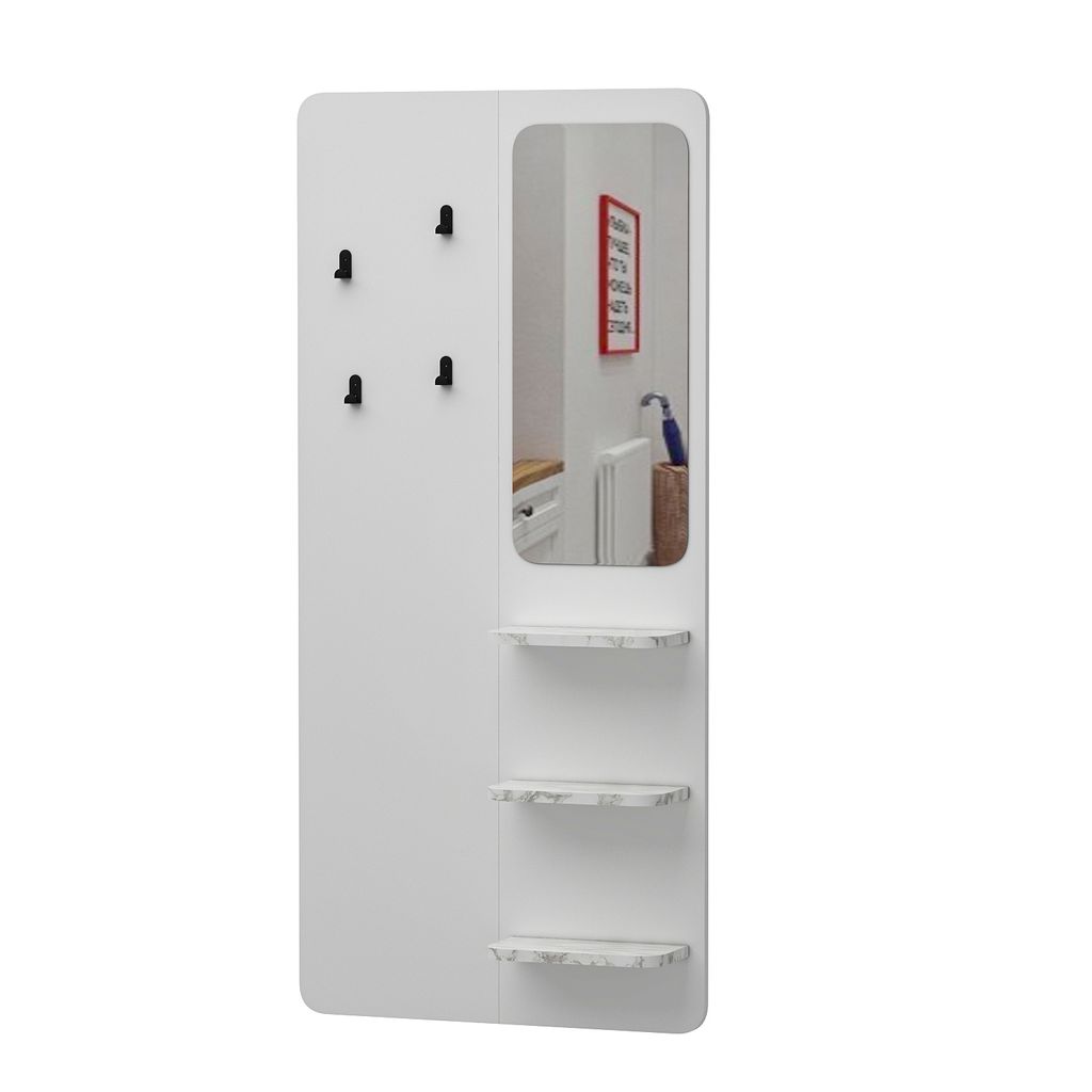 Garderobe Buket mit Spiegel, 4 Haken und 3 Ablagen in Weiß Marmor Optik, 9246