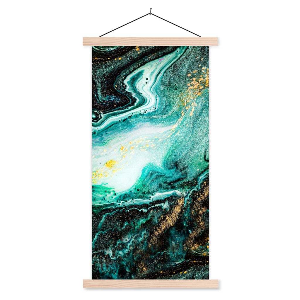 MuchoWow Textilposter Marmoroptik - Blau - Gold - Glitzer - Luxus - Marmor 40x80 cm mit holzfarbenen Rahmen - Wohnzimmer