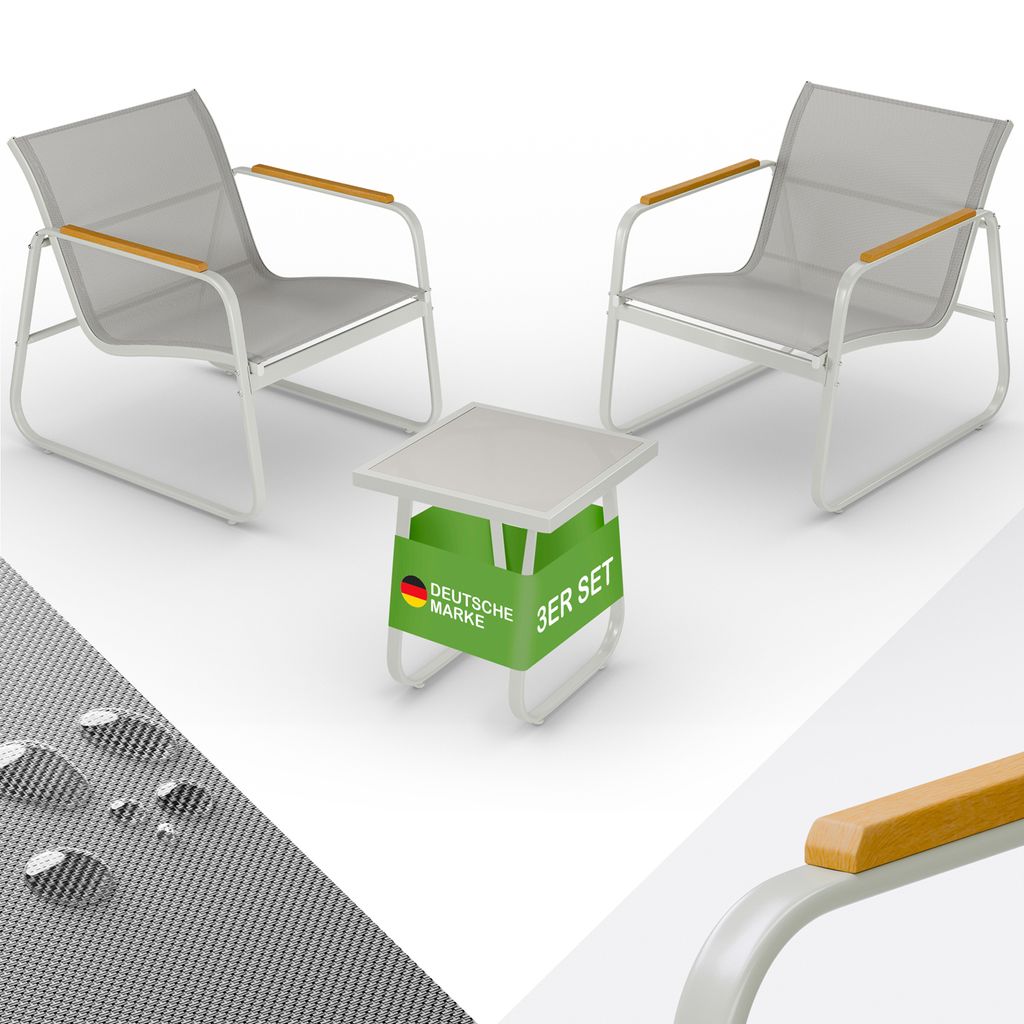 Blumtal Gartenmöbel Set 3er - Balkonmöbel Set für 2 Personen - 2 x Sessel + 1 x Tisch - Stahl Garten Möbel - Balkon Lounge Gartenmöbel Grau