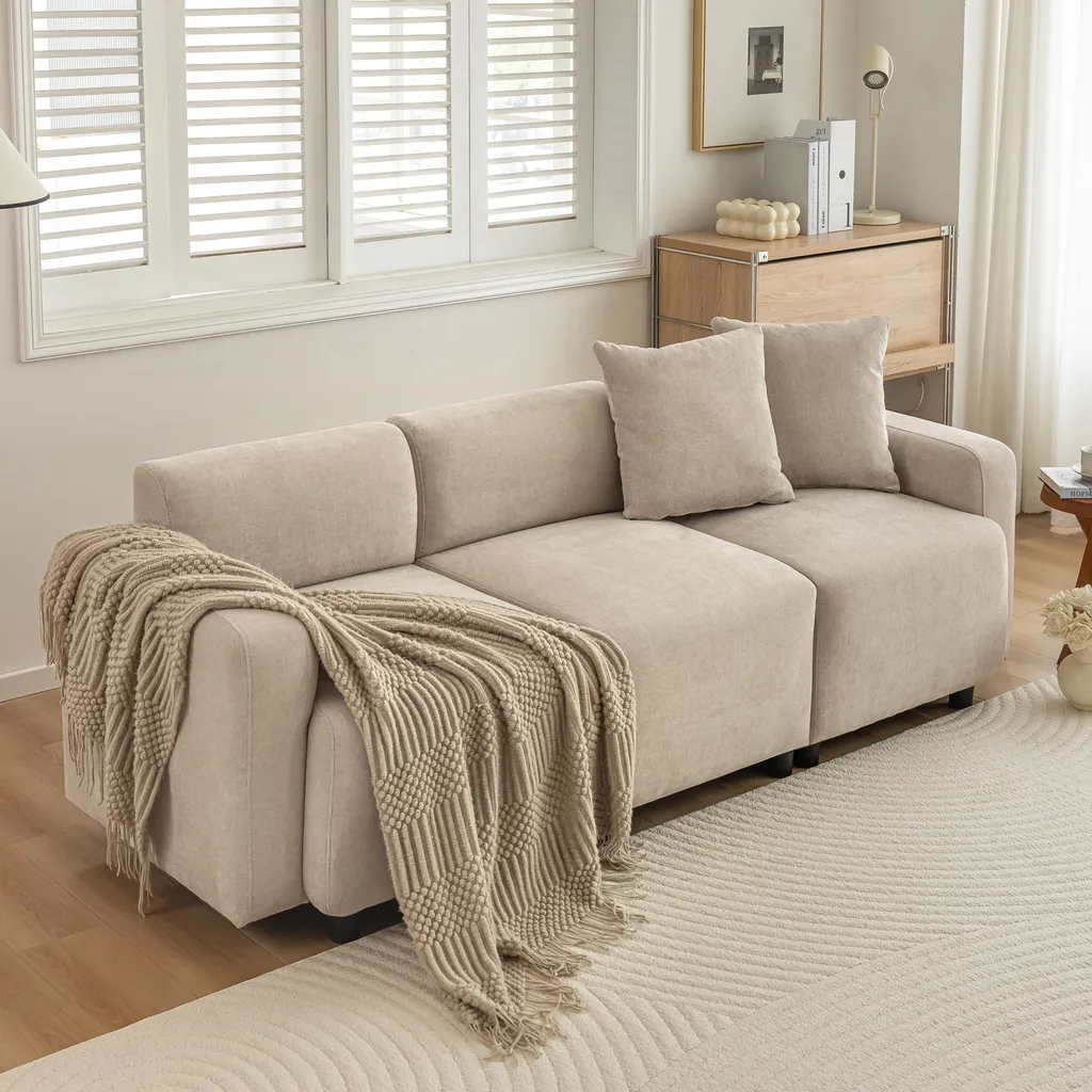 Canapé Haute Résilience Beige en Chenille - Assise Moelleuse 3 Places