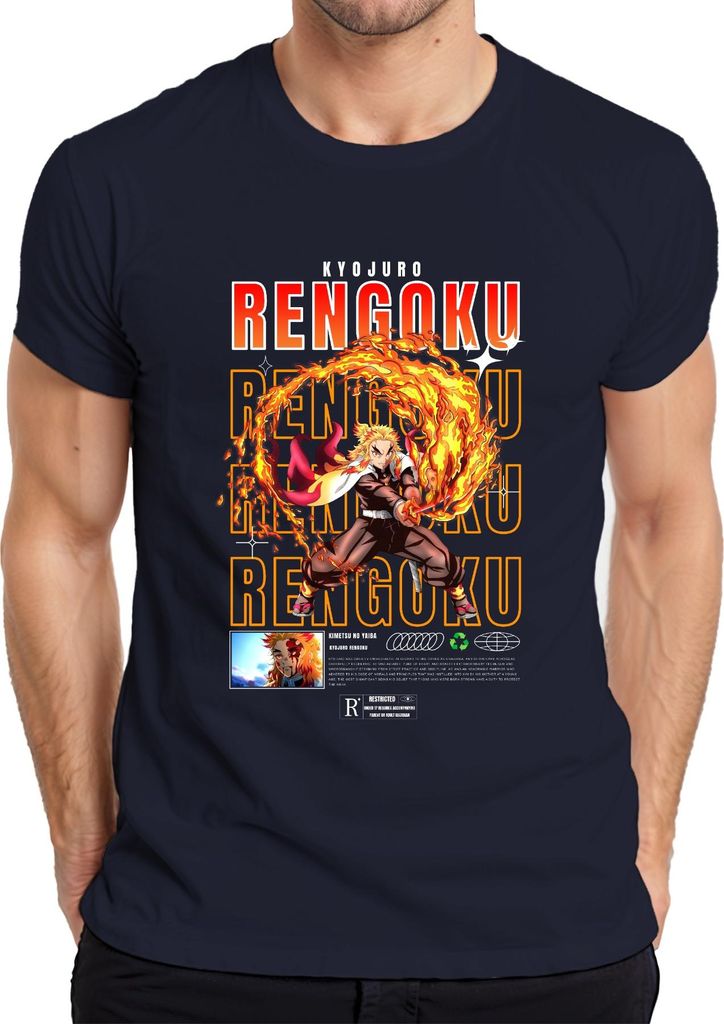 Rengoku Kyojuro Kimetsu no Yaiba Flamme Hashira Anime Geschenk Herren T-Shirt, Navy, M