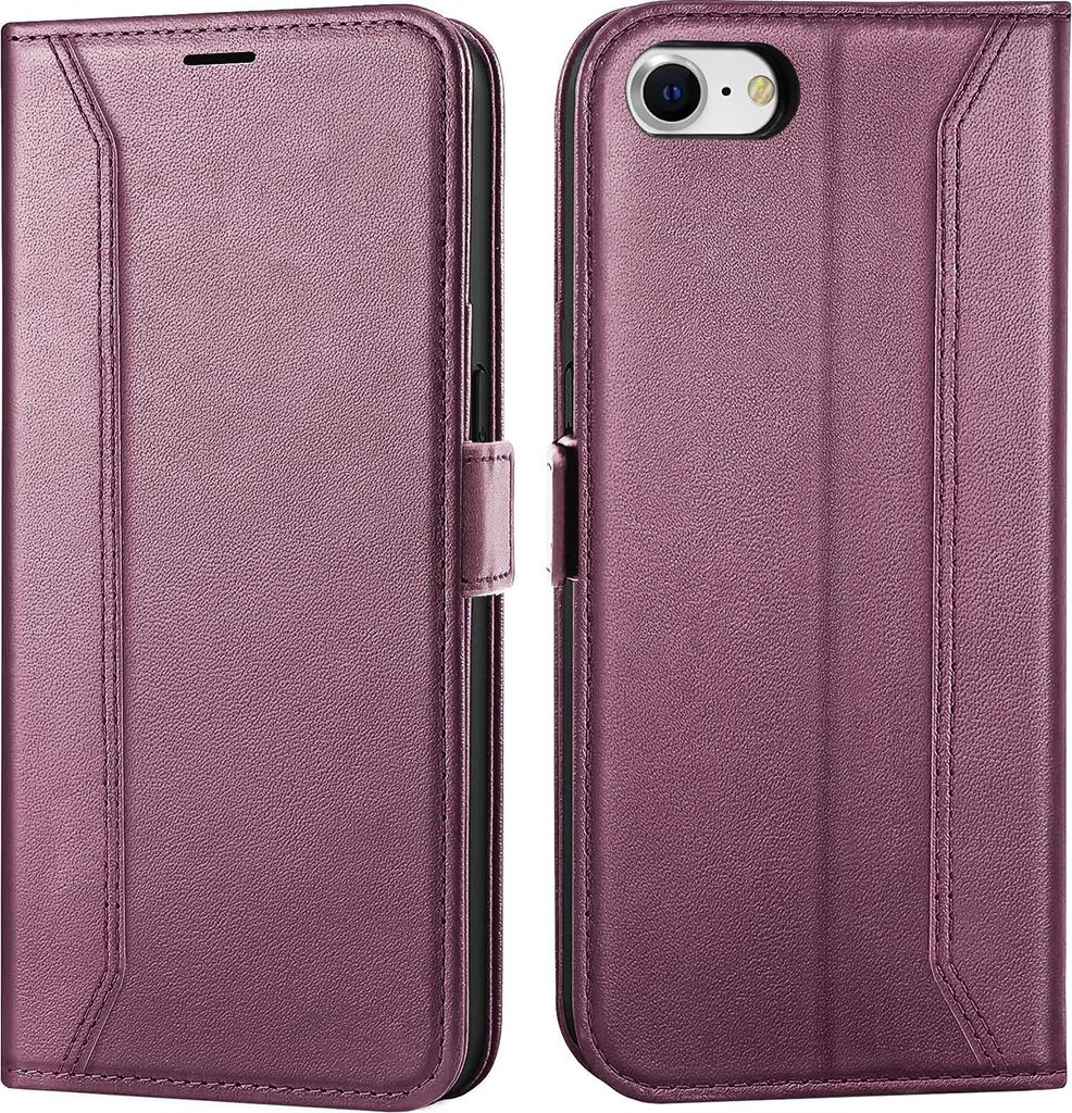 A purple flip case for an iPhone SE is shown from two angles.