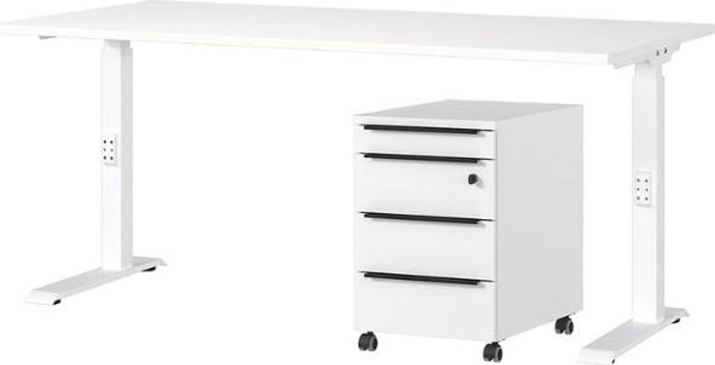 Schreibtisch und Schubladenschrank mit Schloss Hermoso | 217x80x71-91cm | manuell verstellbar | Weiß