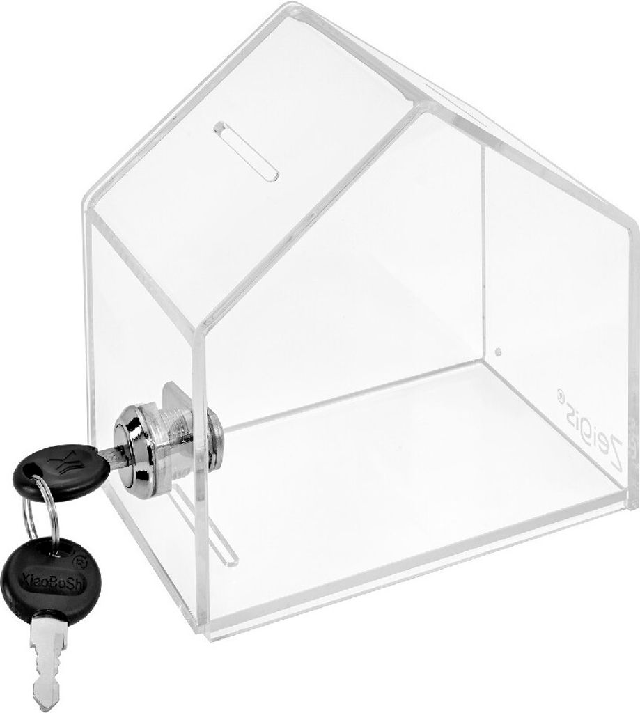 Spendenhaus mit Schloß aus Acrylglas mit Schloß - Zeigis / Losbox / Aktionsbox / transparent / durchsichtig / abschließbar