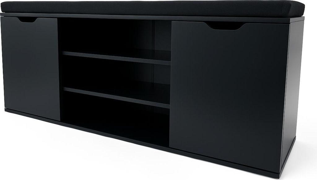 A black shoe cabinet with a padded seat on top, shown against a white background.