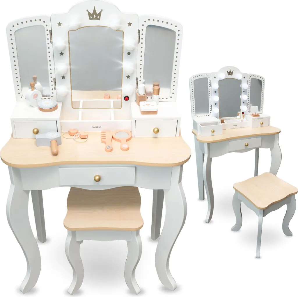 Grande Coiffeuse Bois XXL avec Miroir Triptyque et LED pour Fille