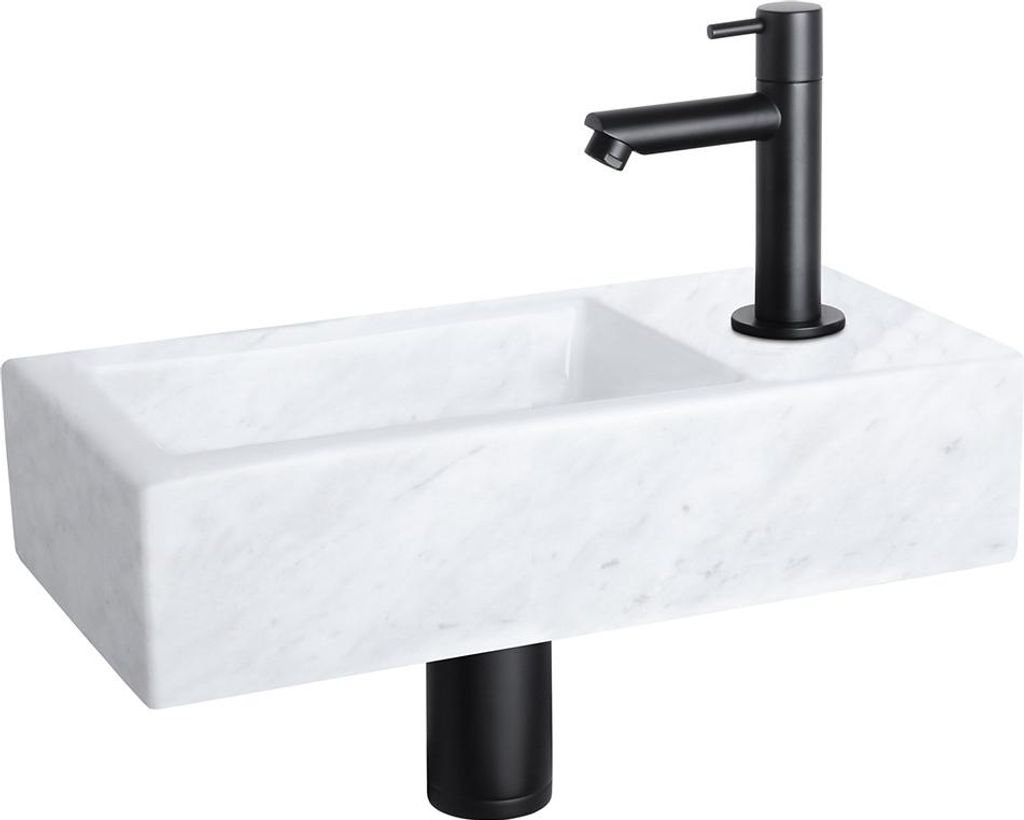 Differnz Helios Waschbecken-Set 37,5x18,5x9,5 cm – Marmor-Waschbecken – Mit Gerader Kaltwasserarmatur Mattschwarz – Komplettset mit Siphon & ...
