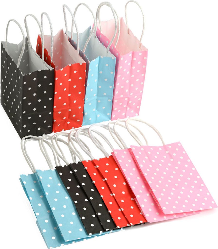 12 STÜCKE Farbige Papiertüten mit weißen Punkten mit Griff - Hochzeits- / Leckerbissen- / Handout-Taschen - Jungen & Mädchen - Kinderparty - Di...