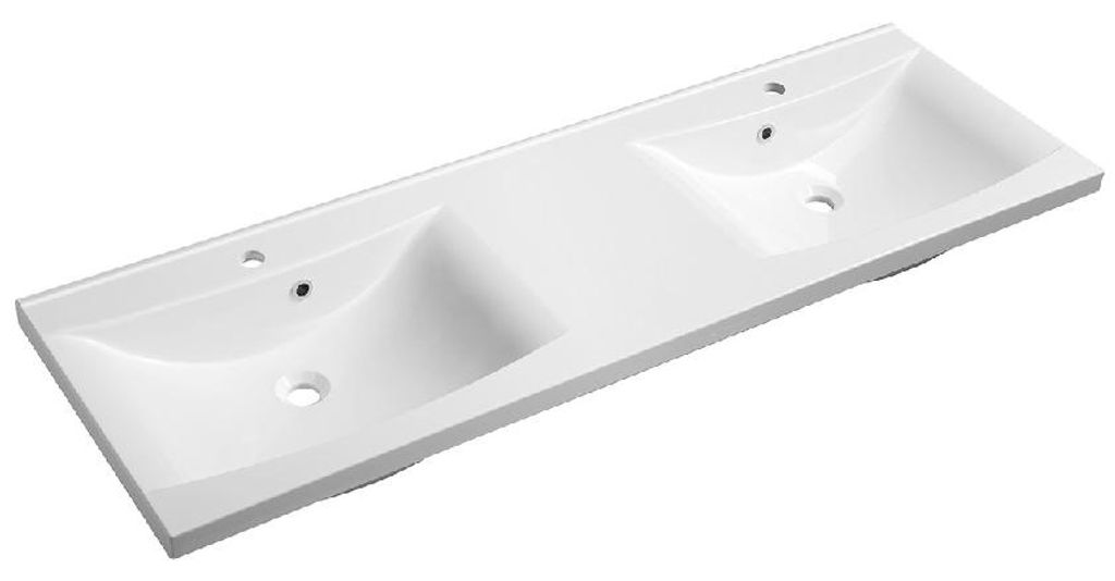 A white double sink vanity top with two faucet holes and two basins, shown from a slightly elevated angle against a white background.