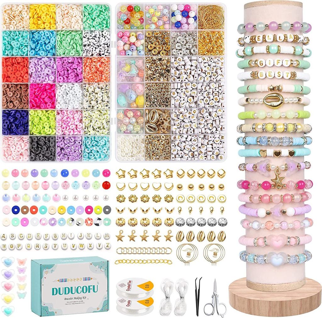 6000 Stück Perlen Zum Auffädeln Clay Perlen Set, 48 Farben 6mm Heishi mit Smiley Face Beads und Letter, Anhänger Charms Kit