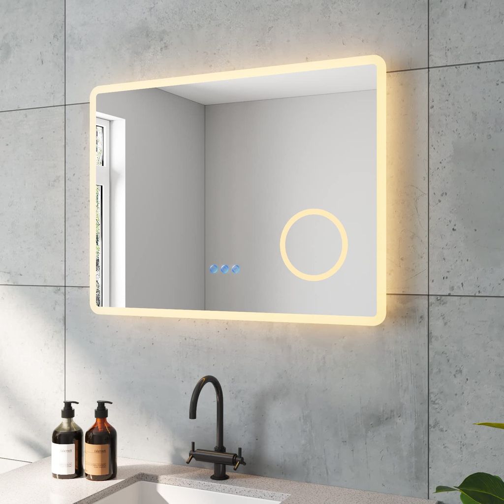 LED Badspiegel Beleuchtet mit Kosmetikspiegel 80x60cm BORAS Typ D | Touch Sensor Dimmbar Antibeschlag Kaltweiß 6400K Warmweiß 3000K