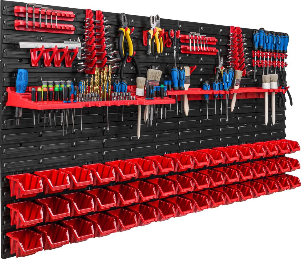 Lagersystem Werkstattregal | 156 x 78 cm | 48 stck. Box | Wandregal mit Werkzeughalterungen und Stapelboxen - Wandplatten Extra Starke Schüttenreg...