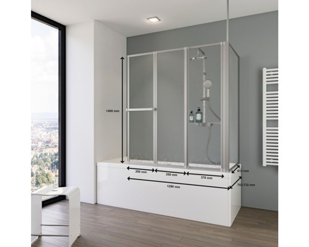 Badewannenaufsatz 3-teilig mit Seitenwand SCHULTE Komfort 1290,0 x 140 cm Glasdekor Tropfen Profilfarbe aluminium D1603-