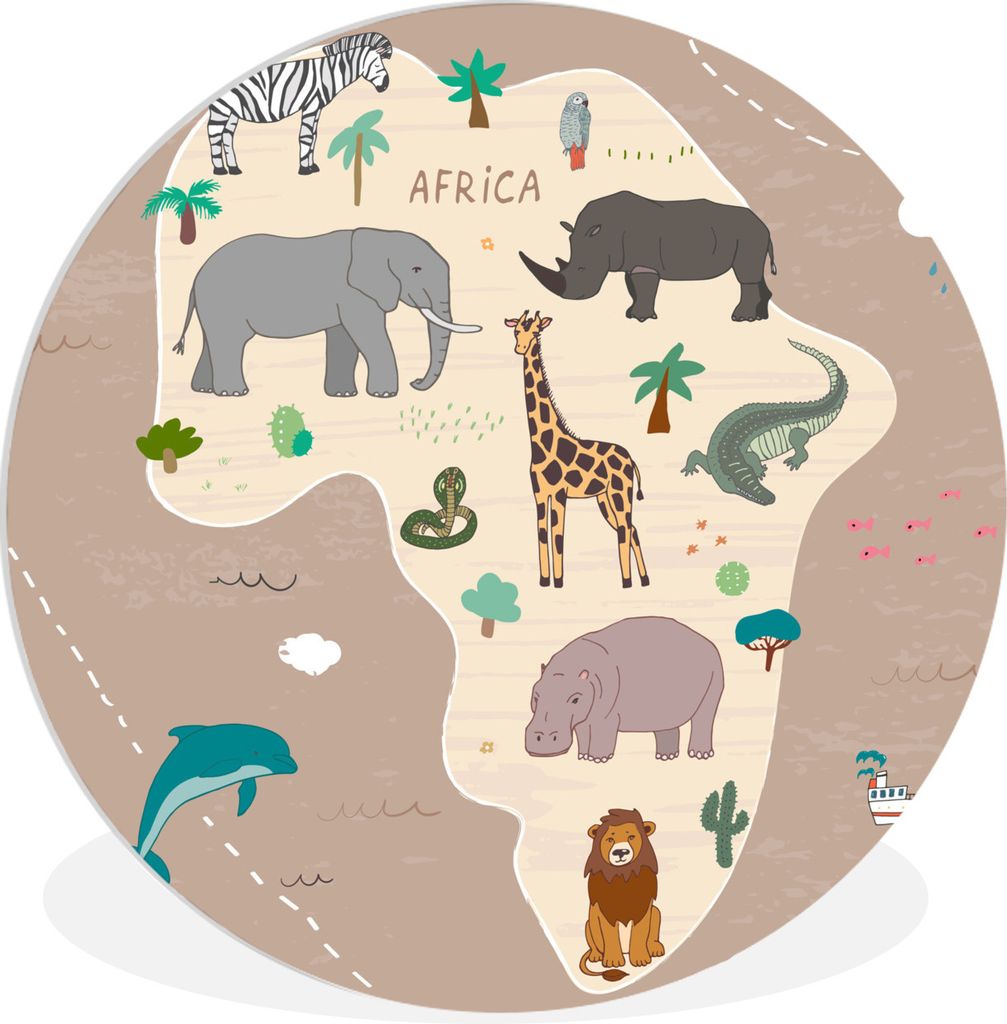 MuchoWow Rundes Wandbild - Runde Bilder Tiere - Weltkarte - Kinder - Afrika - Jungen - Mädchen Ø 30 cm Kreis Wanddekoration Kunststoff - Wandkr...