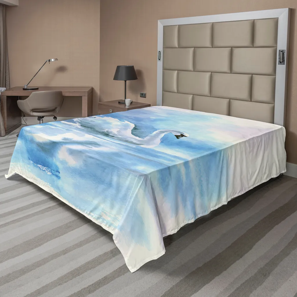 Drap de lit anti-plis cygne aquarelle bleu 244x205 cm facile d'entretien