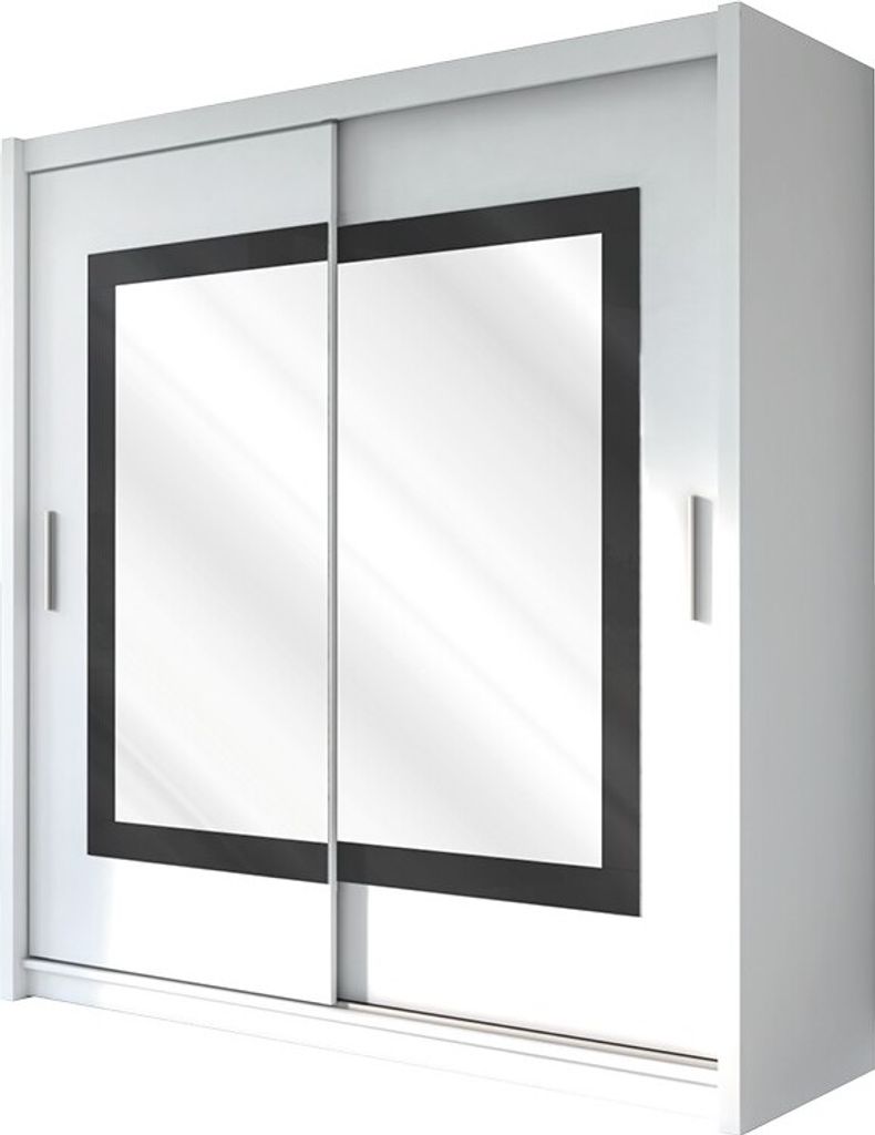 Furniture24 Kleiderschrank PRESTON 203 Schlafzimmer 2 Türiger Schwebetürenschrank Schrank mit Kleiderstange 8 Einlegeboden und Spiegel Weiß Schi...