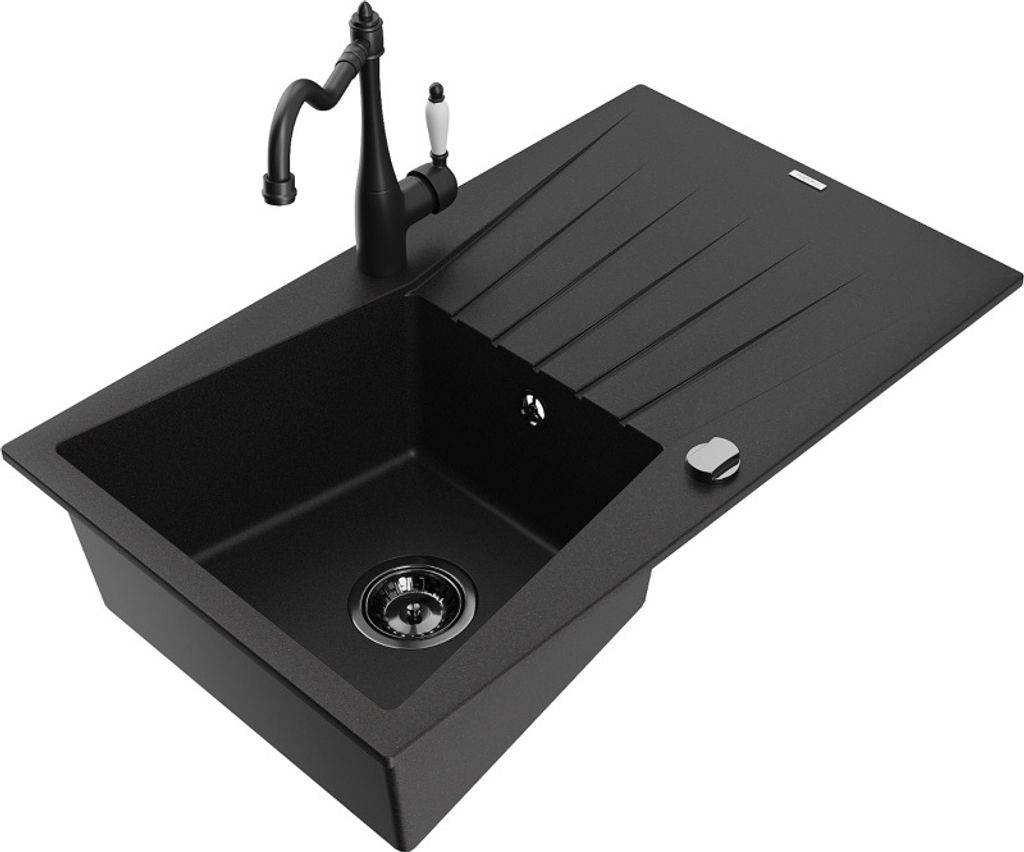 Mexen Cesar 1 Becken-Granitspüle mit Abtropffläche und Mischbatterie Carla, Schwarz - 6514-77-670700-70-B