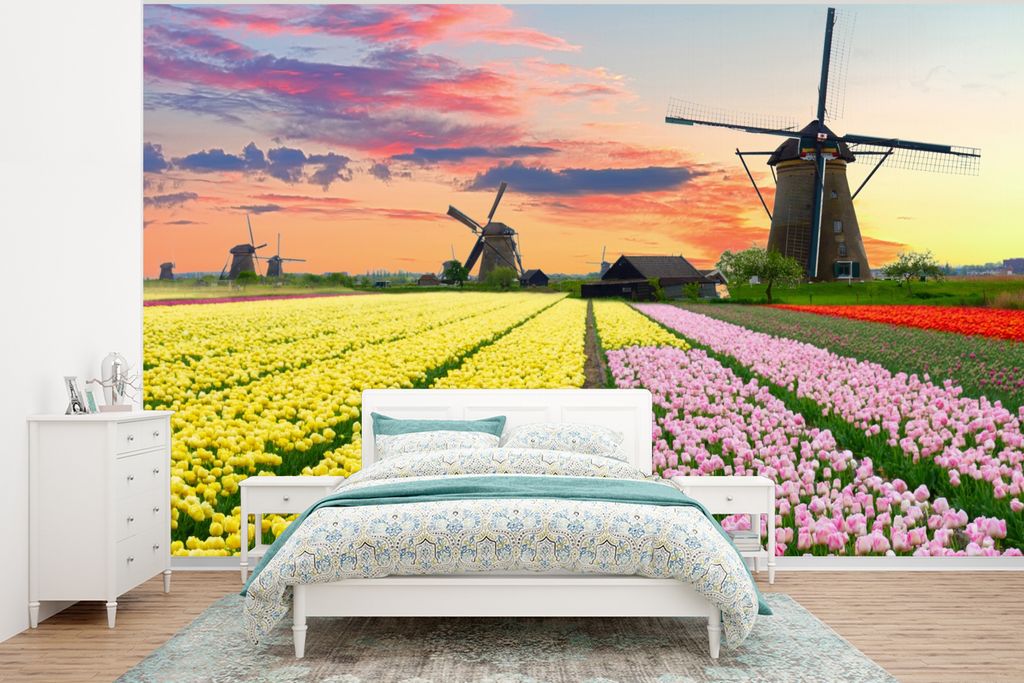 MuchoWow Fototapete für Wohnzimmer oder Schlafzimmer Wandtapete Vinyl Motivtapete Tulpen - Windmühle - Natur - 375x280 cm - Schlafzimmer tapete