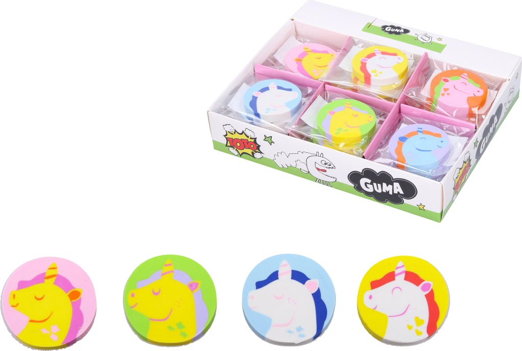 Radiergummi Einhorn 30er Pack, runde bunte Gummi-Radierer in Displaybox