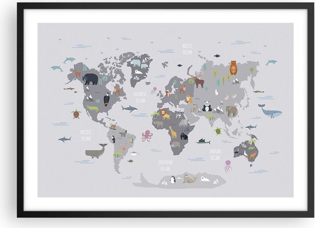 Gerahmtes Poster - Schwarzer Rahmen - Karte die Welt Kontinente - 70x50 cm - Wand Bild - Wanddeko - Wandbilder - Kunstposter - Wandposter - Bilderr...