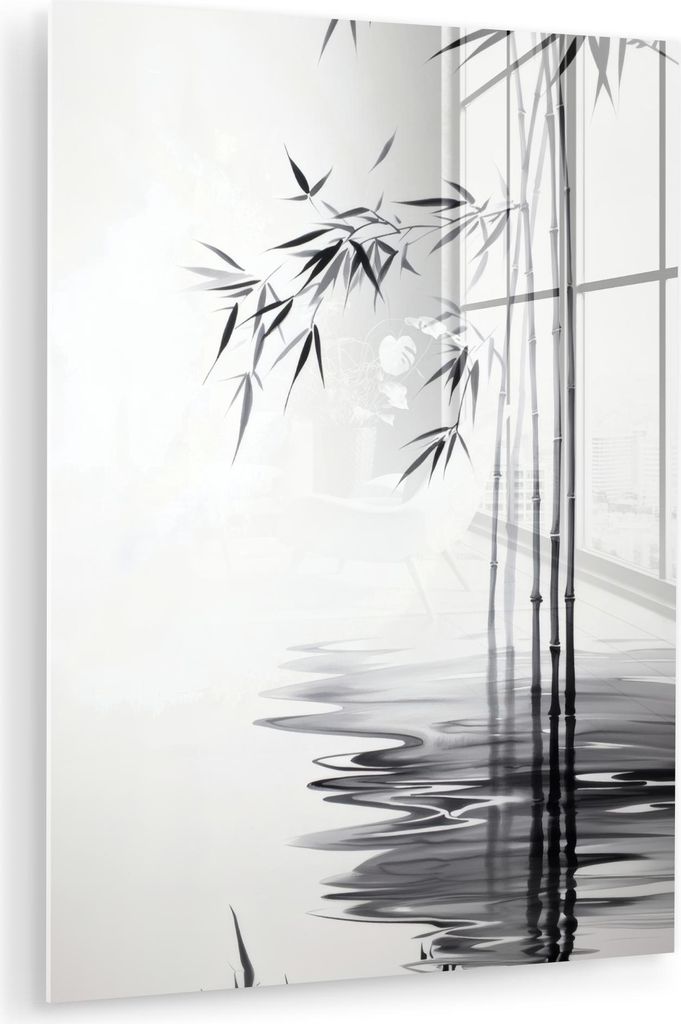 MuchoWow Glasbilder - Bilder auf Wandbild - Foto auf Glas Bambusstämme - Wasser - Minimalistisch - Weiß 60x80 cm Wanddekoration aus Glas - Acrylg...