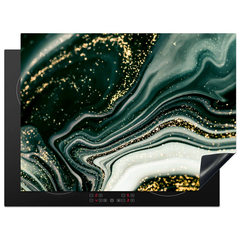 KitchenYeah Herdabdeckplatte Marmoroptik - Gold - Grün - Glitter - Design - Marmor , 70x52cm, Küche Deko, Glaskeramikkochfeld Herdabdeckung, Ab...