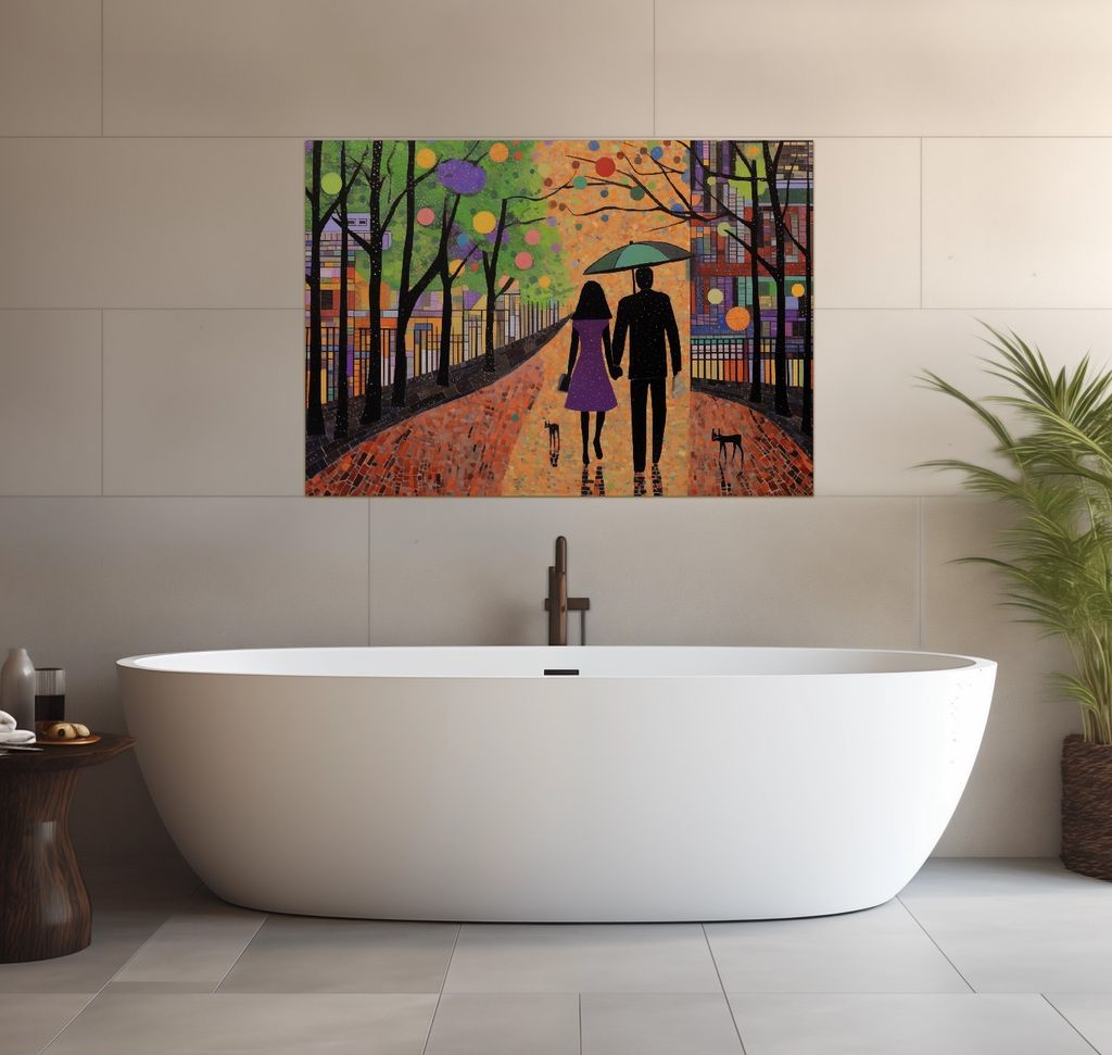 Wallario wasserfestes Poster selbstklebend 70 x 100 cm, Spaziergang unter Farbklecksen, Badezimmerposter Spritzschutz mit Hochglanzoberfläche in G...