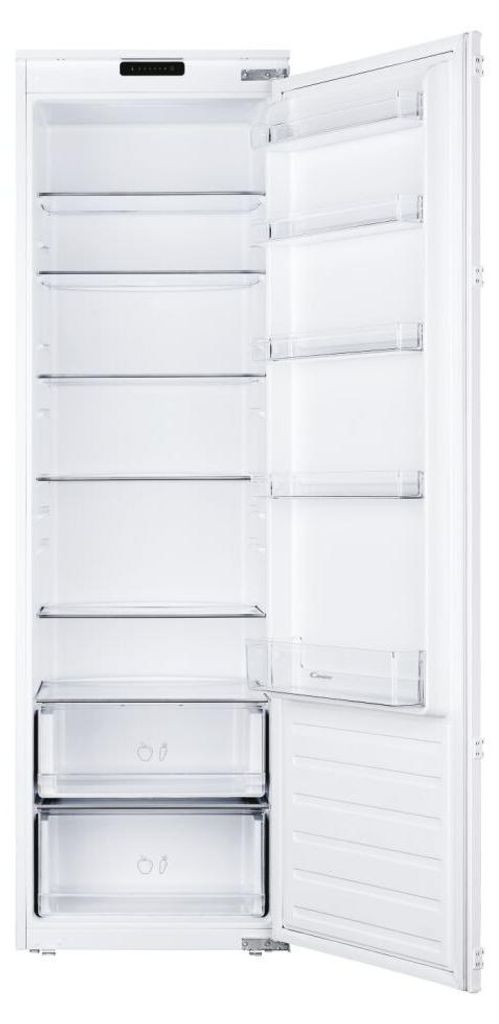 An empty, open white refrigerator with multiple shelves and drawers.