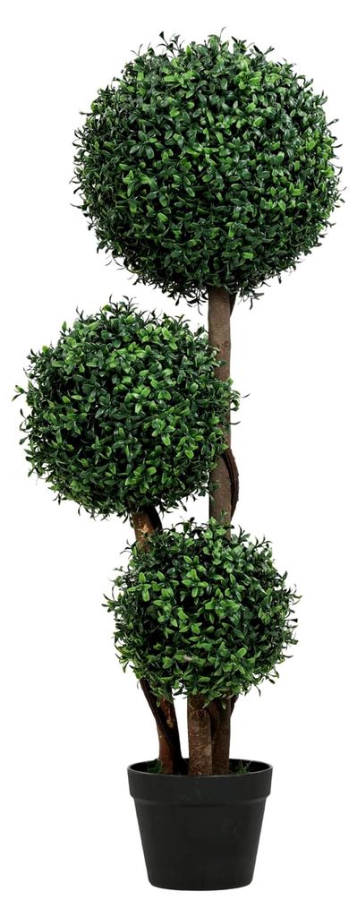 Künstliche Buchsbaumkugel groß 100 cm dreikugelig mit UV-Schutz, Kunstpflanze im Topf mit Holzstamm, täuschend echte Pflanze für Wohnzimmer, Sc...