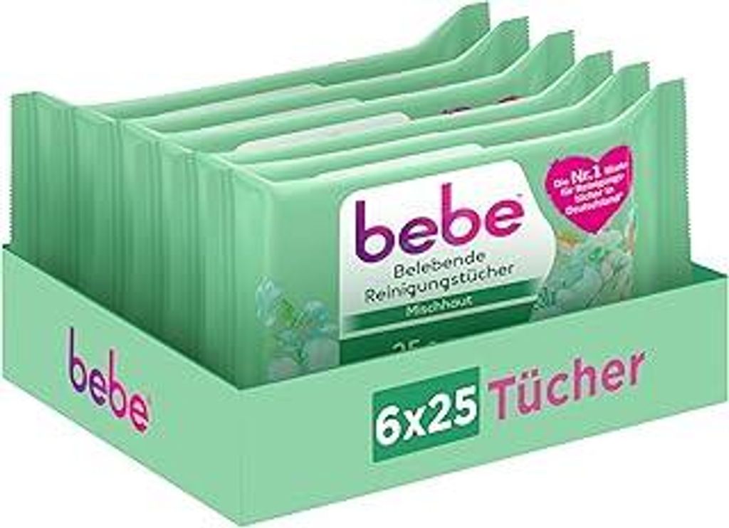 bebe Belebende Reinigungstücher gründlich reinigende Abschminktücher mit Jojobaöl & Mizellentechnologie für Mischhaut,6 x 25