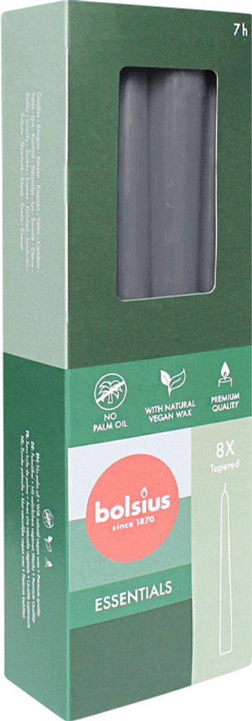 Spitzkerzen, Stürmisches Grau, BOLSIUS Essentials, 24/245 mm, Brenndauer ca. 7h, 8 Stück pro Verpackung
