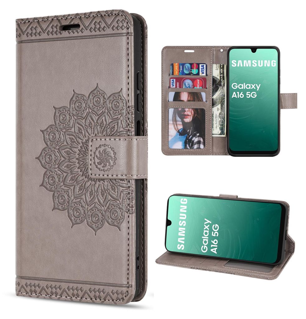 A collage of images showing a grey flip wallet phone case with a mandala design, and a Samsung Galaxy A16 5G phone inside the case.