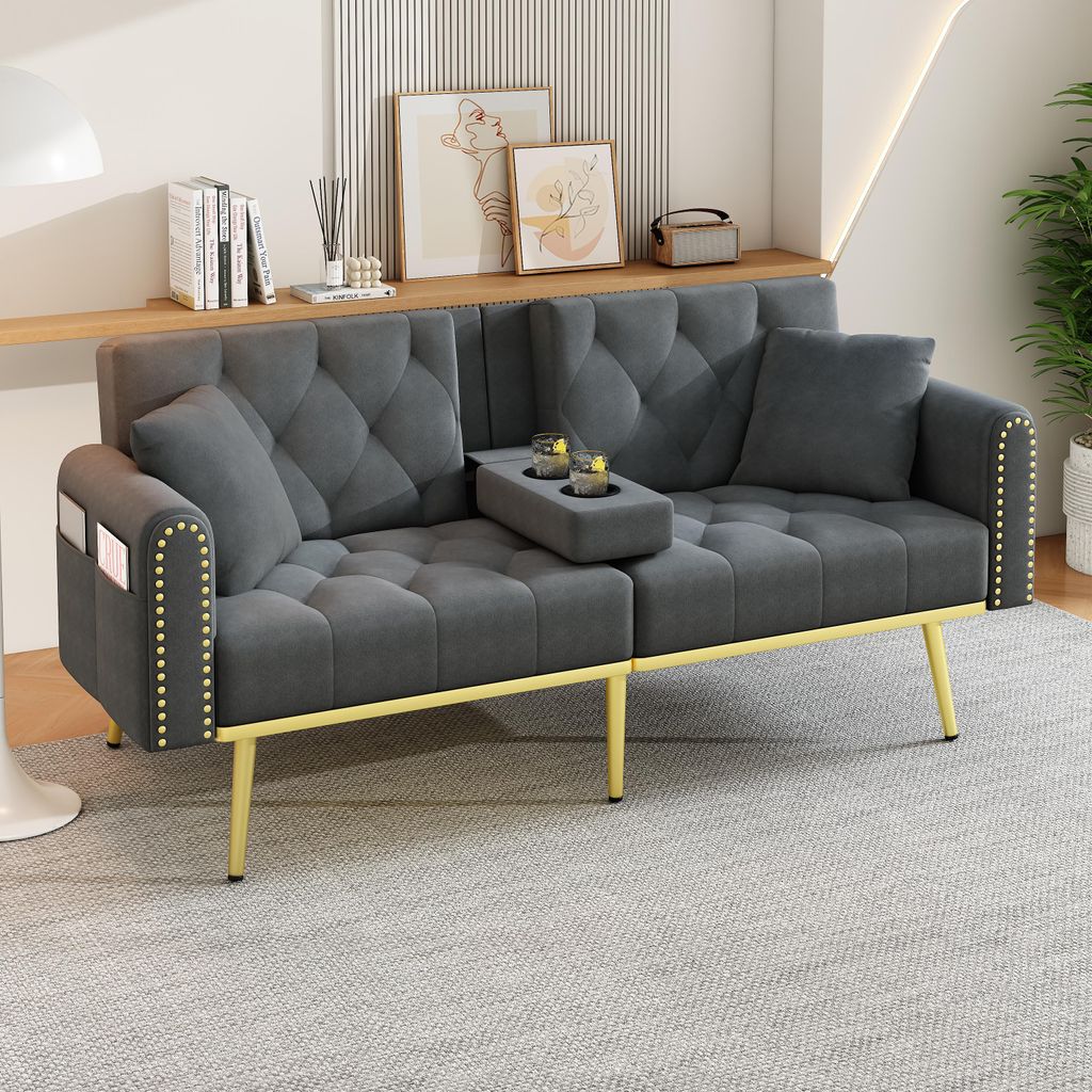 Merax 2 Sitzer Sofa, Couch mit Liegefunktion, 3 Neigungswinkel, Getränkehalter, Kissen, Schlafsofa, Loveseat, Loungesofa, Wohnzimmer, Samt, Grau