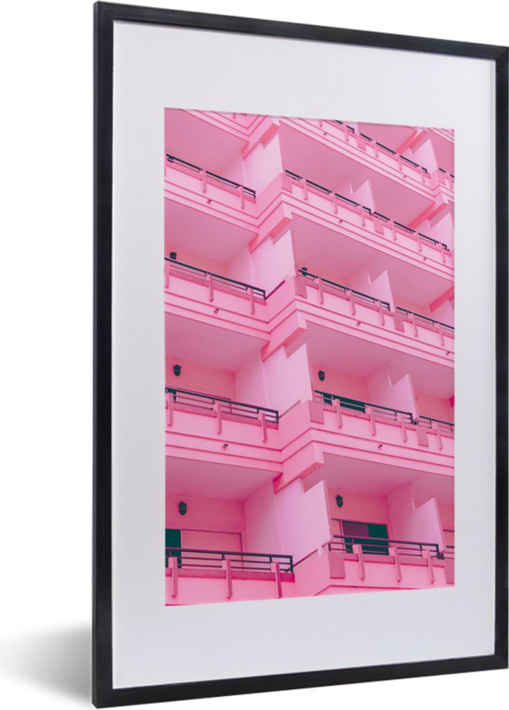 MuchoWow Gerahmtes Poster Balkon - Sommer - Rosa - Architektur 40x60 cm - Poster mit Schwarzem Bilderrahmen Wandposter Rahmen Foto Bilder - Poste...