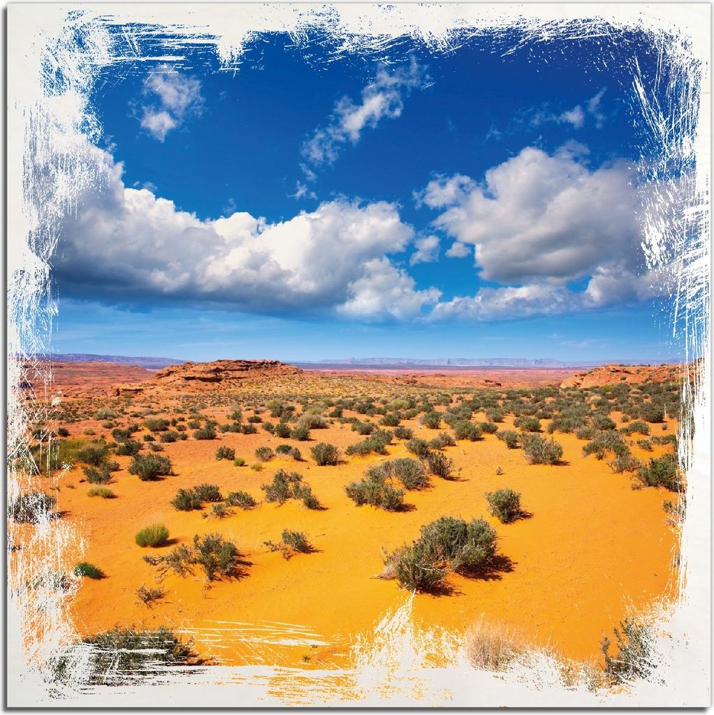 Kunstdrucke Wandbilder Holz in : Brillante Farben, Größe 50 x 50 cm Motiv Wüste in Arizona - blauer Himmel mit Wolken I