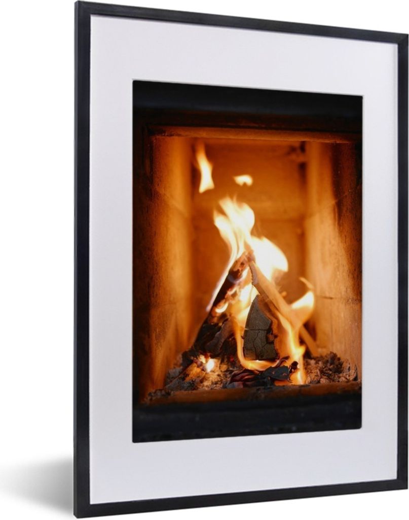MuchoWow MuchoWow Gerahmtes Poster Verbrennung von Holz in einem Kamin 30x40 cm - Poster mit zchwarzem Bilderrahmen - Wandposter Schlafzimmer