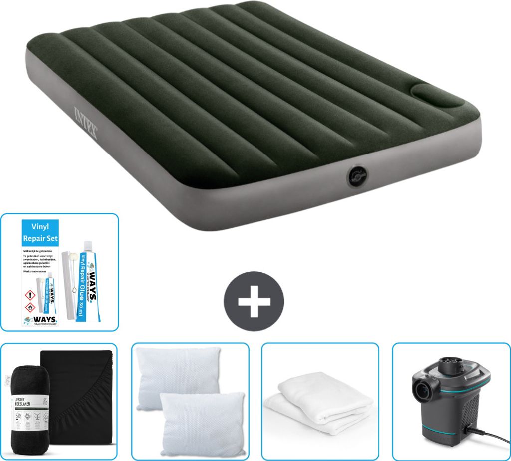 Intex Airbed - Doppelbett - 137 x 191 x 25 cm - Grün - Spannbettuch - Küssen - Pumpe - Reperaturset en Kissenschutz