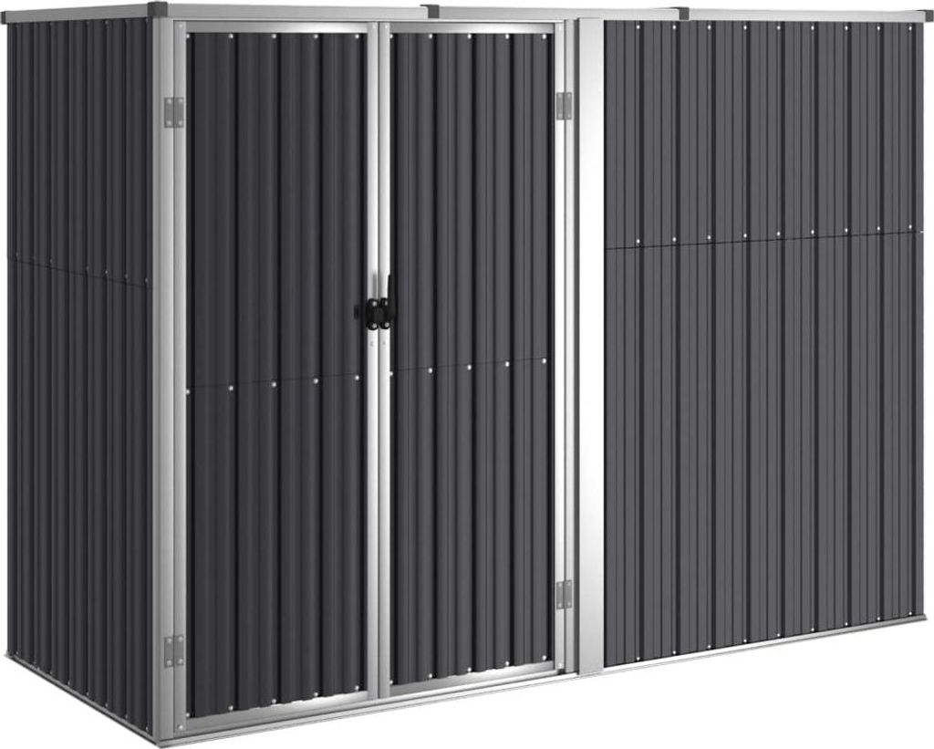 A dark gray metal shed with silver trim and double doors.
