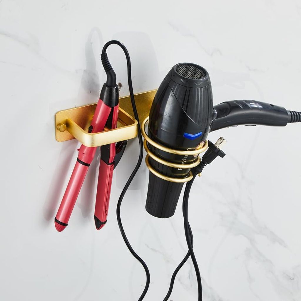 Haartrockner Halter - Wandmontierte Spiralablage - Organizer für das Badezimmer mit drei Haken - Professionelles Aluminium Silber