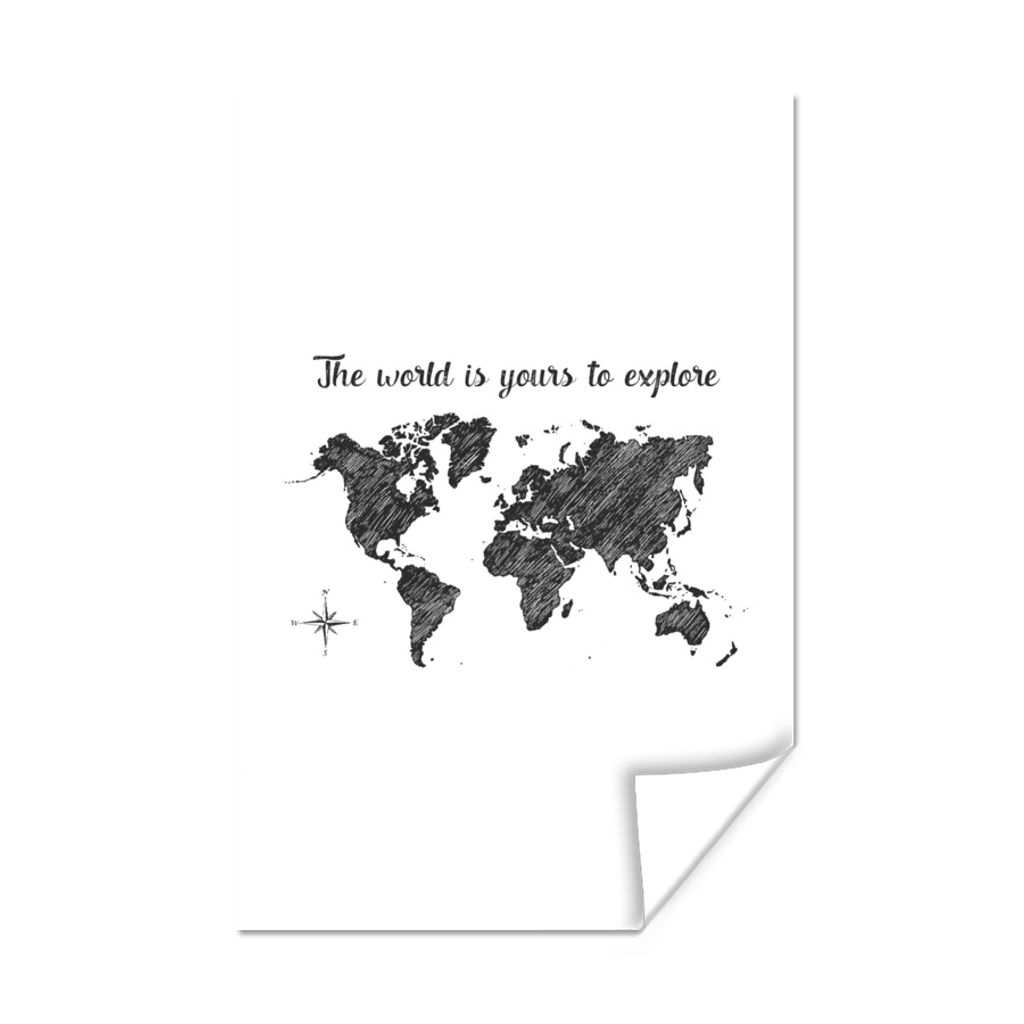 MuchoWow Poster Weltkarte - Zitate - Schwarz - Weiß 80x120 cm - Papierdruck