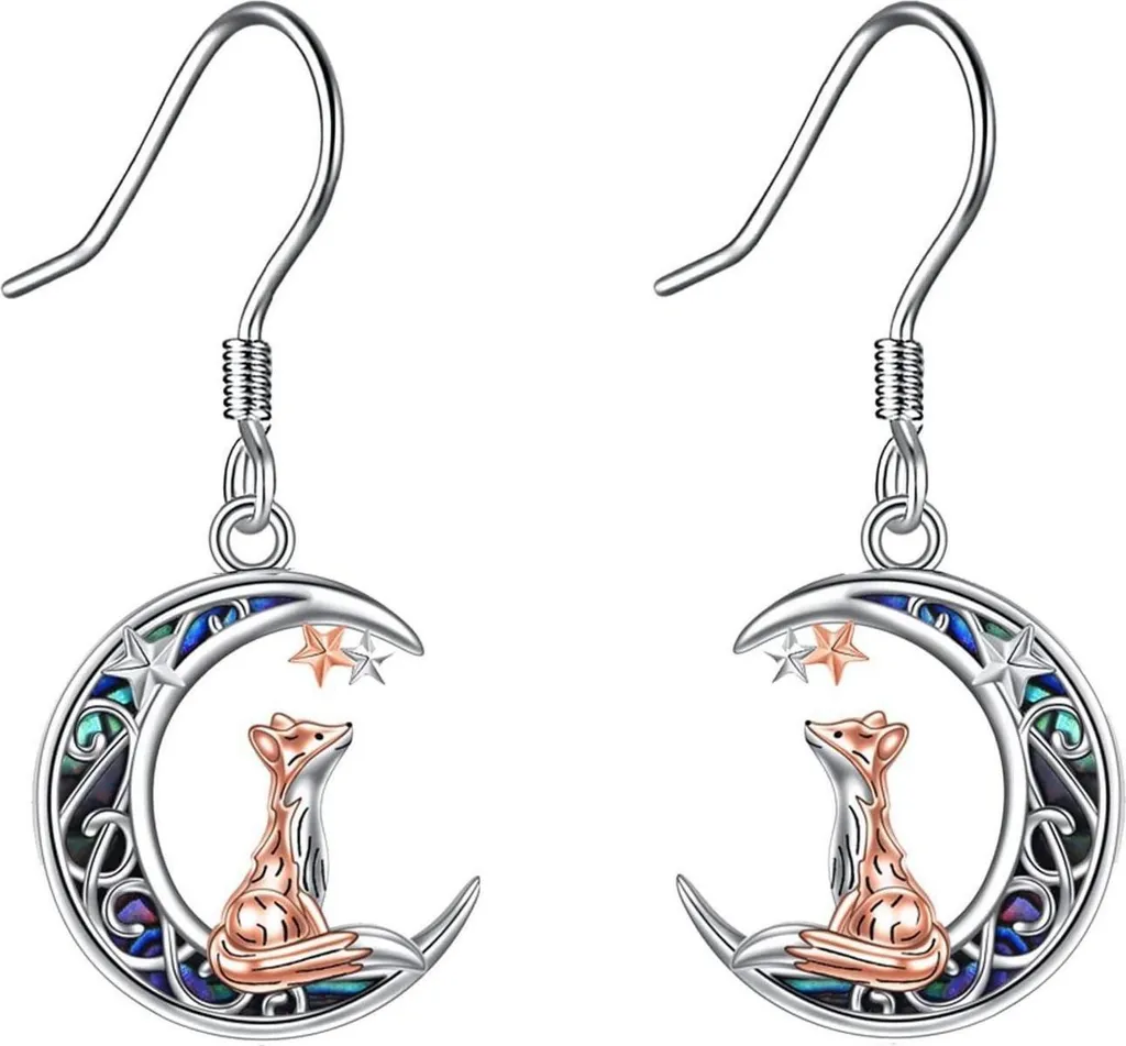 Cadeau Femme : Boucles d'oreilles Renard Lune Argent et Nacre Paua