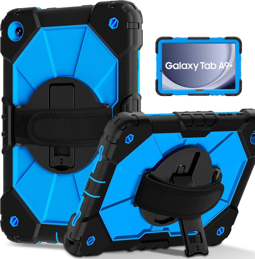Hülle für Samsung Galaxy Tab A9 Plus /Tab A9+ 11" 2023 Tablette Schutzhülle Stoßfeste mit 360 Drehbarer Handschlaufe/Ständer Schwarz Blau