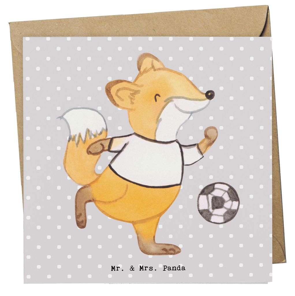 Mr. & Mrs. Panda Glückwunschkarte Fuchs Fußball spielen - Grau Pastell - Geschenk, Bolzplatz, Klappkarte, Fußballerin, anlasskarte, doppelkarte,...