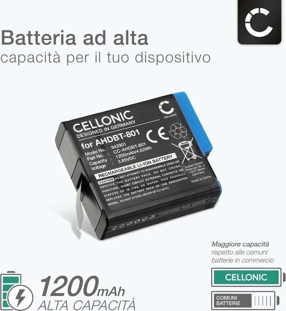Batteria per gopro AHDBT-801 1220mAh 3.85V
