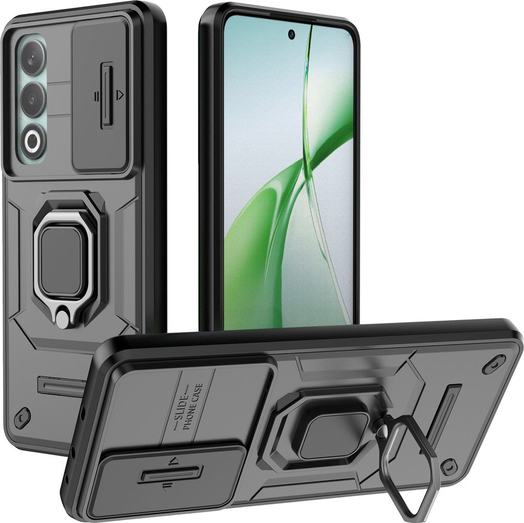 Hülle für OnePlus Nord CE4 5G Dual Layer Handyhülle Schiebe Kamera Schutz und Ringhalter Ständer Schwarz