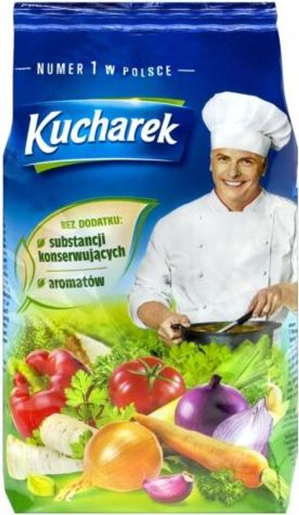 A package of Kucharek seasoning mix with vegetables and a chef illustration.
