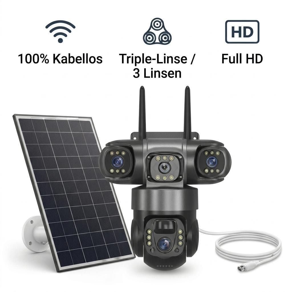 3-Linsen Solar Überwachungskamera Aussen Full HD, Kabellose Produktbild 