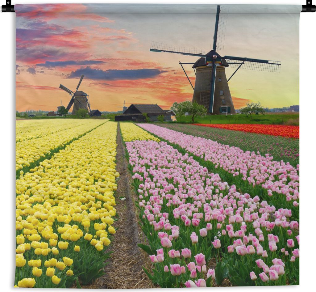 MuchoWow Wandteppich Wandbehang Tulpen - Windmühle - Natur 150x150 cm Tapisserie Dekoration Wandtuch - Wohnaccessoires - Modernes